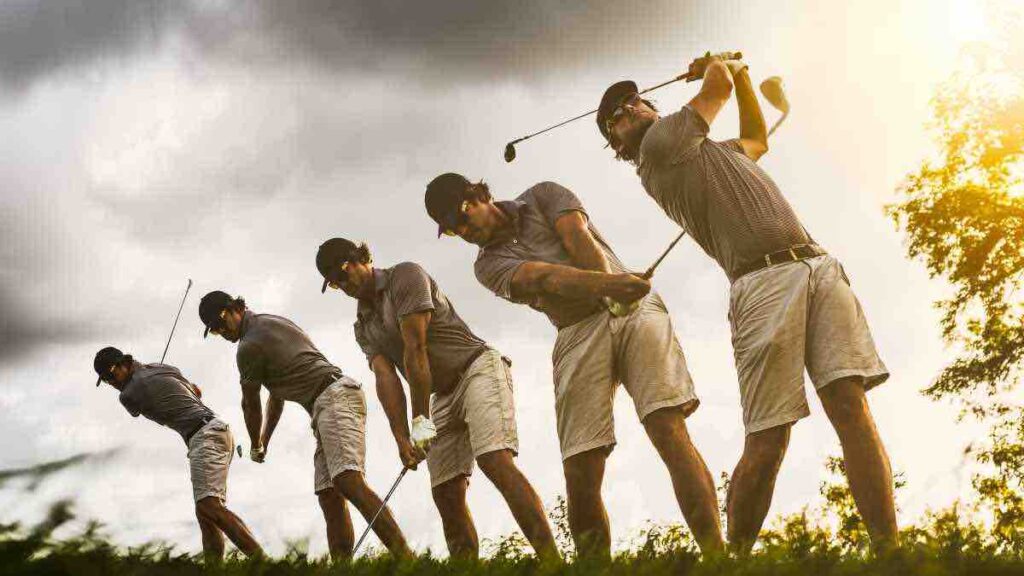 A sequence of images a golfer showing how to swing a golf club and the various stages of a swing