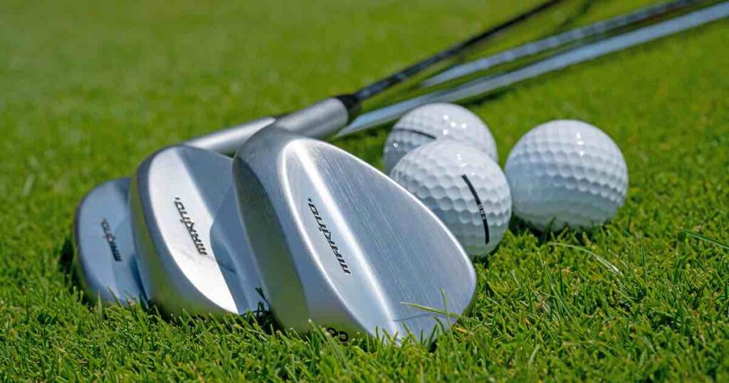 Golf wedges of various degrees on the grass next to golf balls.