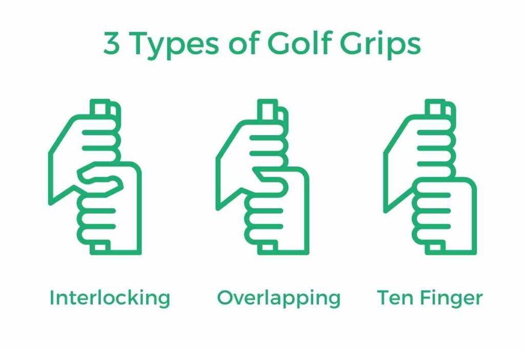 outlines of hands showing how to hold a golf club using the three types of golf grips