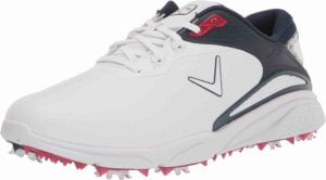 closeup of callaway coronado v3 golf shoe in red, white and blue