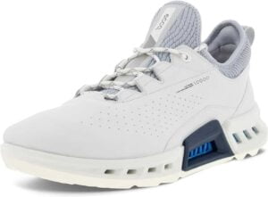 Close up of the Ecco Biom C4 golf shoe in gray and blue that delivers comfortable support