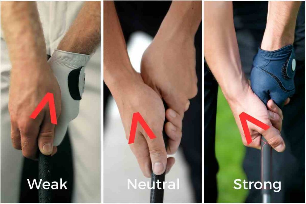 close up of hands demonstrating how to hold a golf club using weak, neutral and strong grip strengths